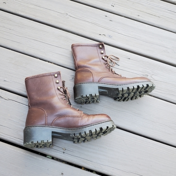 Vintage 90s y2k Bratz Brown Leather Lace-up Chunky Lug Platform Ankle Boots 8 - Picture 2 of 9
